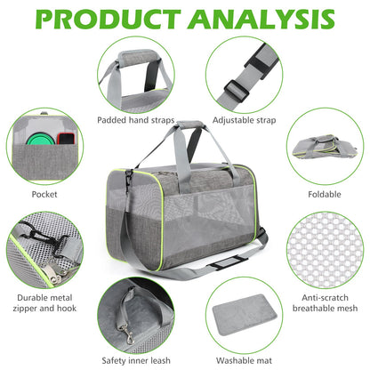 Lannvan pet carrier for cats and dogs up to 6.5kg. Breathable and foldable, with removable plush pad. Ideal for camping, traveling, or visiting the vet. Dimensions: 45x30x30cm, in grey color.