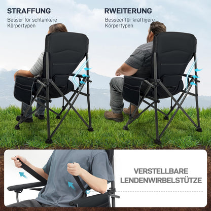 Ever Advanced folding camping chair supports up to 230KG. XL size with lumbar support, 62cm wide seat, side pocket, and drink holder. Great for camping, outdoor activities, balcony, and garden.