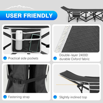 OVERMONT Folding Camp Bed with Mattress - Foldable Camping Cot 2PCS 190 x 71 x 36 cm - Holds up to 250kg - 2400D Oxford Fabric with Side Pocket Carrying Bag for Camping Garden Office Black