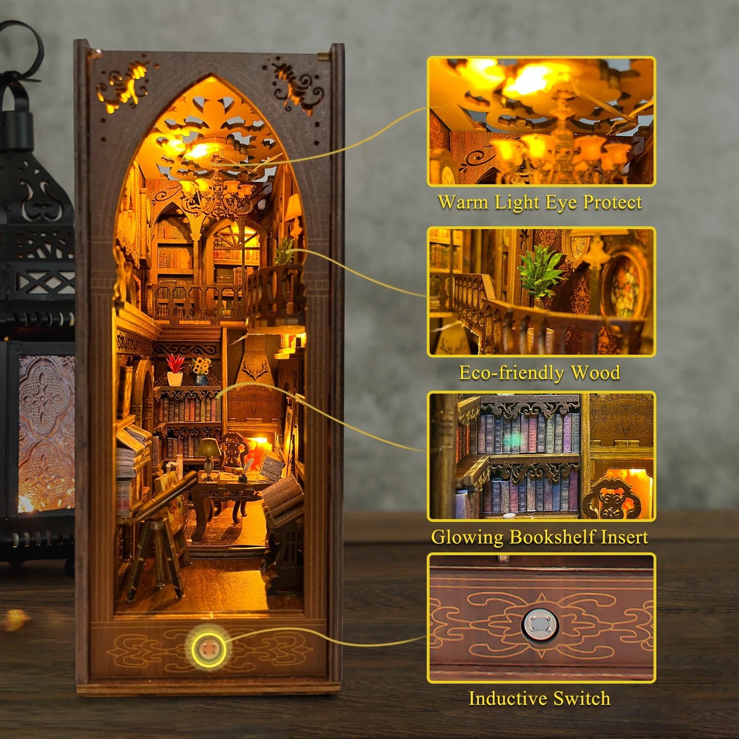 CRIOLPO Book Nook Kit - DIY dollhouse wooden miniature house kit, book corner kit for adults teens, 3D wooden puzzle bookshelf insert kits with sensor LED light (library of books), SL-06