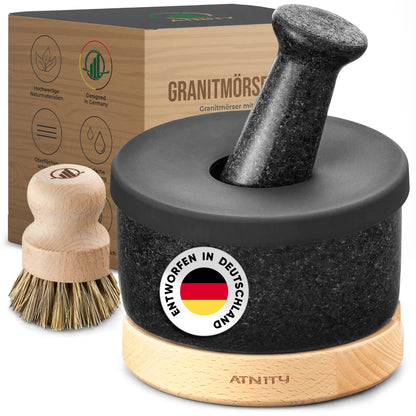 ATNITY Granite Mortar and Pestle Ø 14.5cm - Stone mortar with extra long pestle - Mortar on elegant and stable beech wood base with silicone cover and cleaning brush included in set.