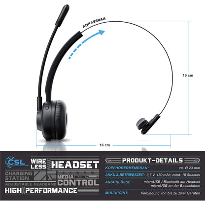 CSL - Wireless headset with charging dock - Mono Bluetooth headset with microphone - USB charging port - Multipoint, noise cancellation - lightweight - hands-free calling - PC tablet smartphone - home office office