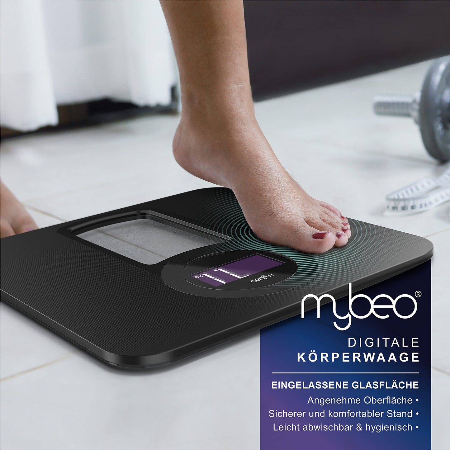 Bathroom scale, body scale with high-precision sensors, digital scale with step-on technology, weight scale made of safety glass, scale with LCD display and LED backlight.