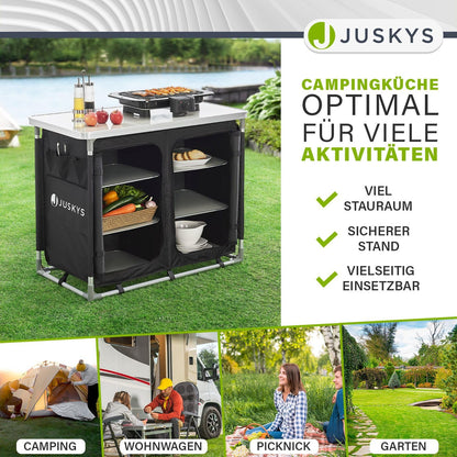 Juskys camping kitchen foldable with carrying bag - outdoor camping kitchen foldable camping cabinet - foldable kitchen box - black