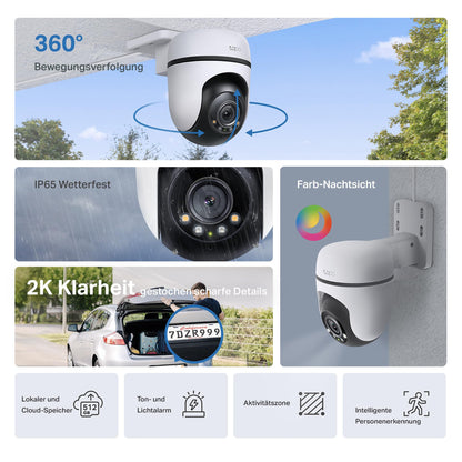 Tapo C51A 2K WiFi Outdoor Surveillance Camera, 360° Pan/Tilt, Full Color Night Vision, Person Detection, Motion Tracking, Two-Way Audio, microSD Card up to 512 GB.