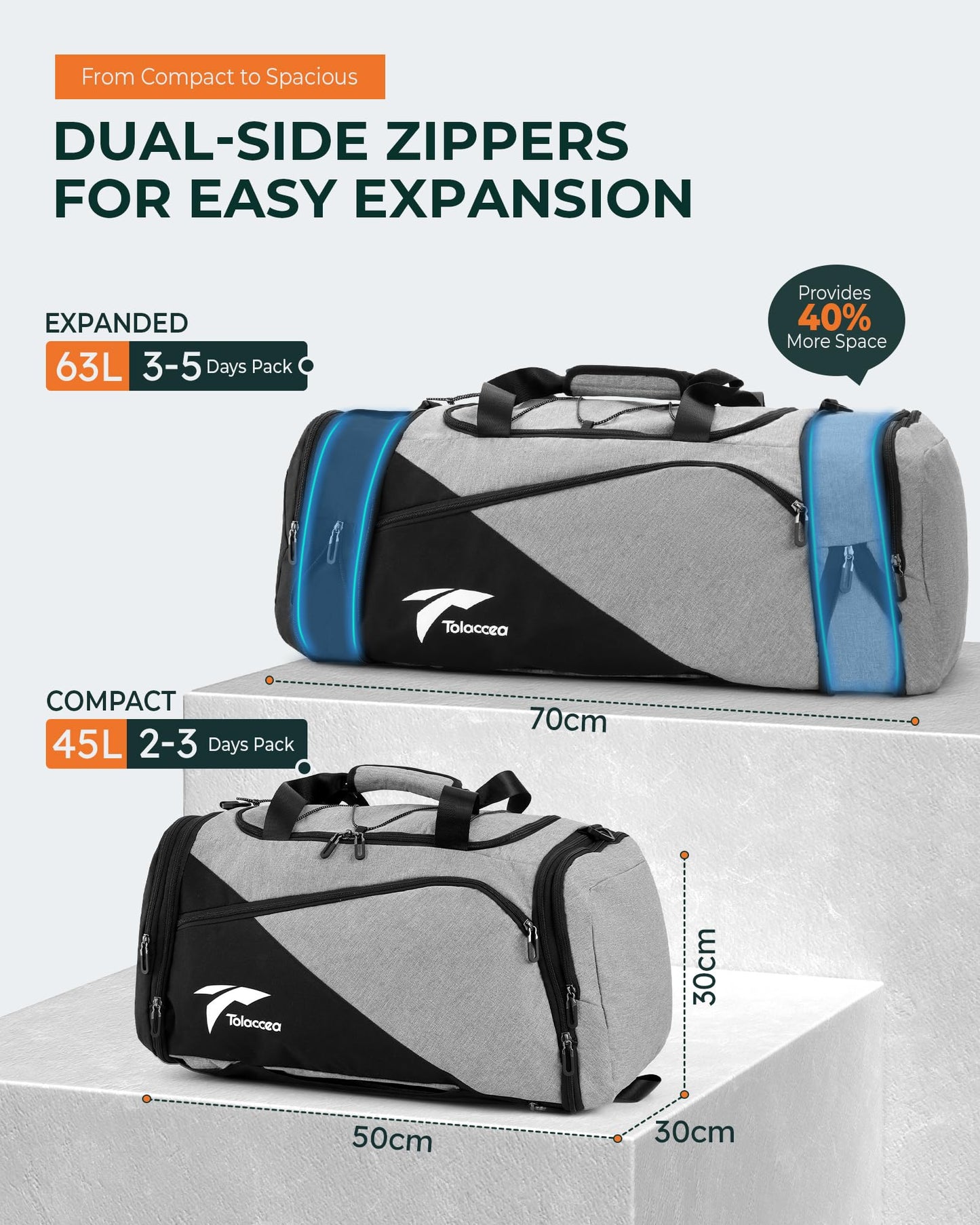 Tolaccea sports bag backpack for men and women, 45-63L expandable sports bags large with shoe compartment wet compartment laptop compartment, travel bag training bag for gym, travel, swimming, sauna, soccer (gray)