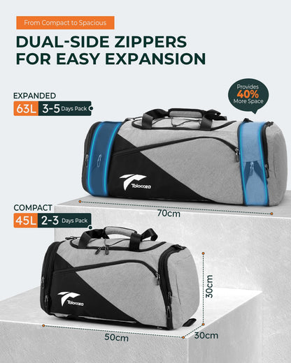 Tolaccea sports bag backpack for men and women, 45-63L expandable sports bags large with shoe compartment wet compartment laptop compartment, travel bag training bag for gym, travel, swimming, sauna, soccer (gray)