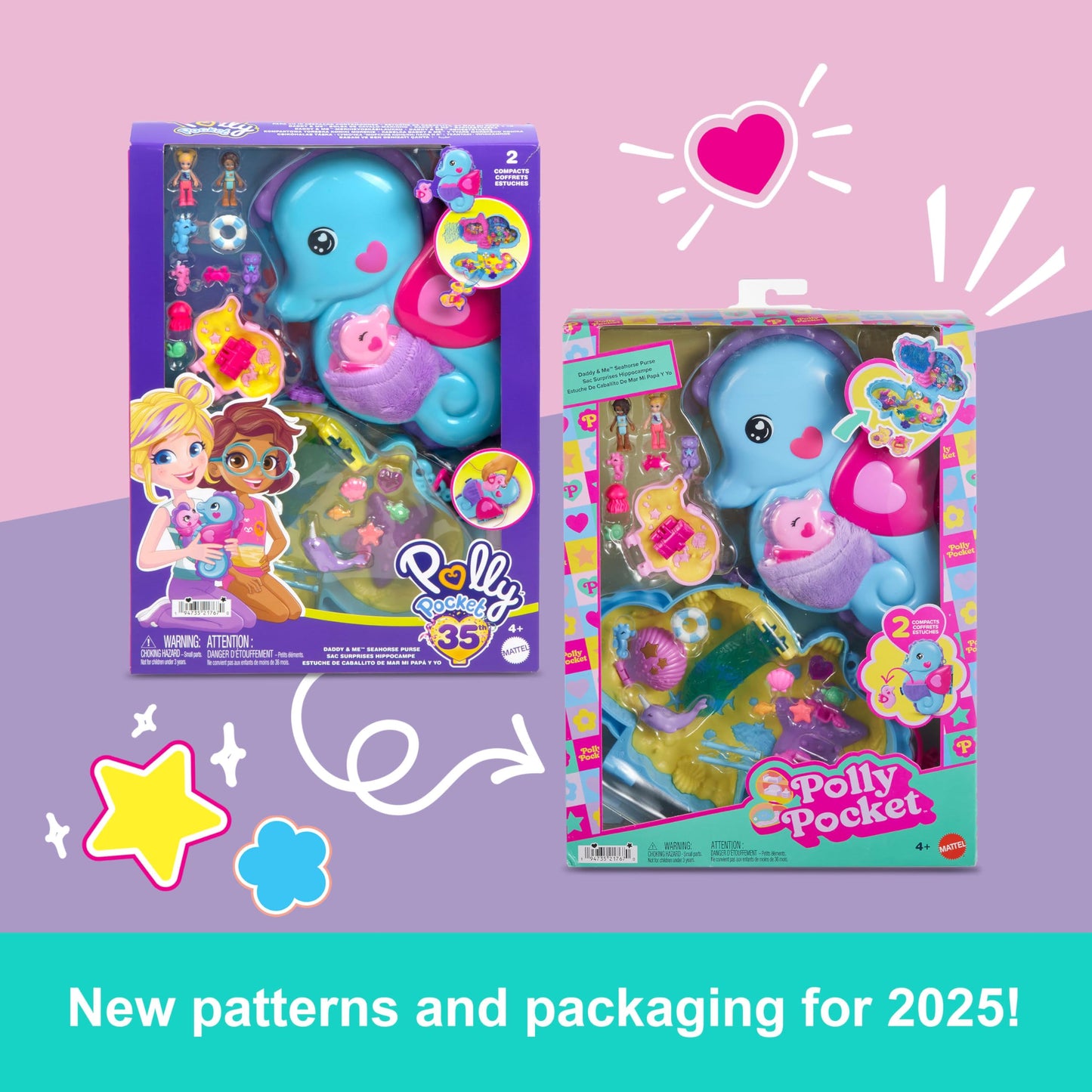 Polly Pocket dolls and playset with animals and 13 accessories, 2-in-1 Daddy and Me seahorse case, portable bag and animal toys, featuring Shani, HWP03.
