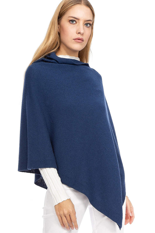 Navy Cashmere - Women's cashmere blend poncho, delicate and soft, made from cashmere (Navy Blue)