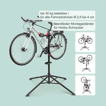 Relaxdays bike repair stand with tool tray - foldable & adjustable height - black four-legged stable stand - steel powder coated, 10017183, STANDARD