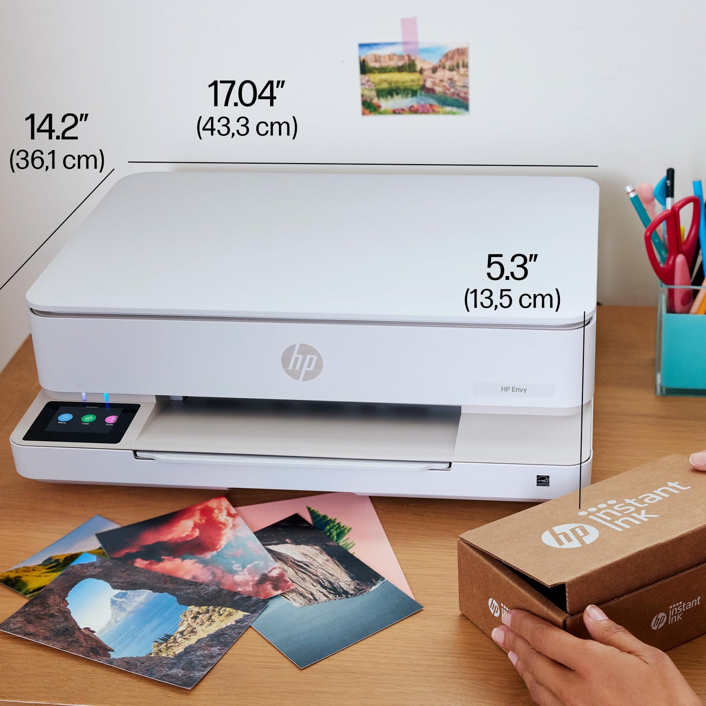 HP ENVY 6120e, all-in-one printer, 3 months of free printing with HP Instant Ink included, print, copy, scan, mobile faxing, Wi-Fi, automatic double-sided printing.