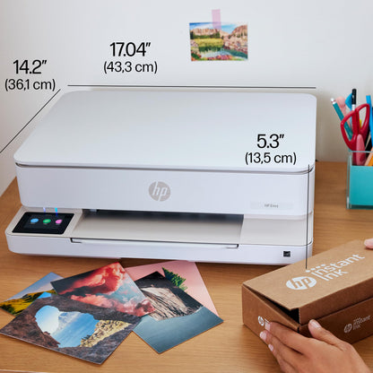 HP ENVY 6120e, all-in-one printer, 3 months of free printing with HP Instant Ink included, print, copy, scan, mobile faxing, Wi-Fi, automatic double-sided printing.