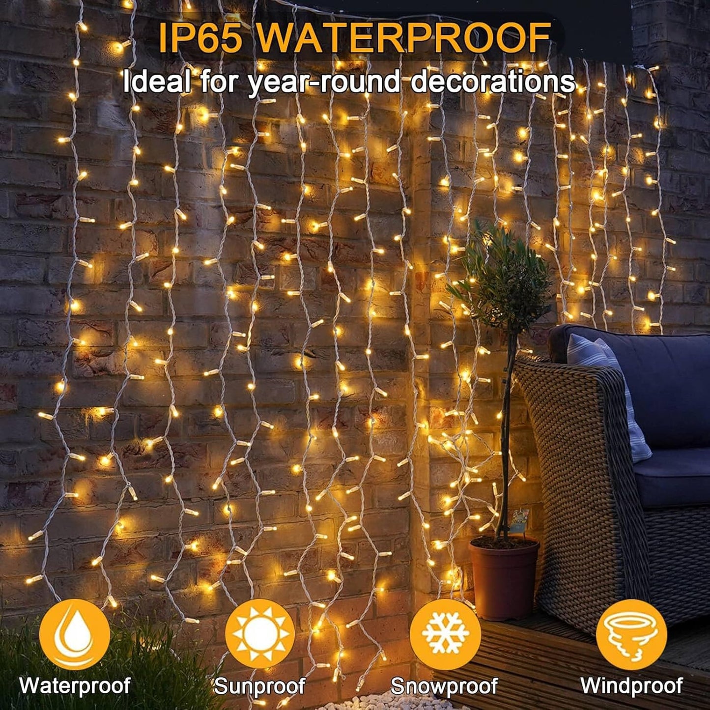 Yowin 6m x 3m 600 LED curtain lights with plug, 8 modes, waterproof waterfall light chain for outdoor/indoor use. Perfect for room, wedding, garden, pergola, and Christmas decoration.