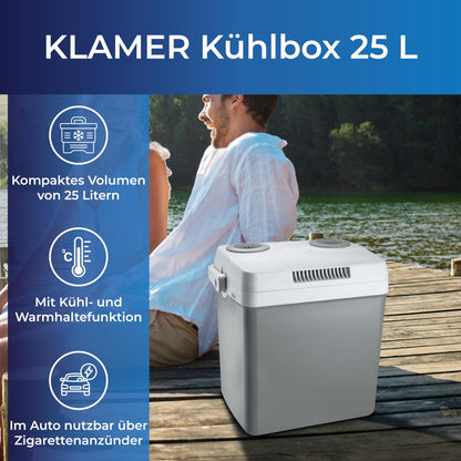 KLAMER electric cooling box 25 liters with cooling and warming function, 2 connections: 230V & 12V for cigarette lighter, car cooling box for camping, garden & outings, gray