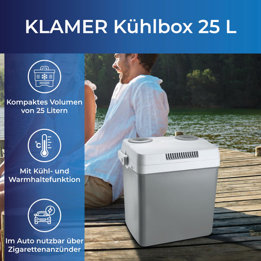 KLAMER electric cooling box 25 liters with cooling and warming function, 2 connections: 230V & 12V for cigarette lighter, car cooling box for camping, garden & outings, gray