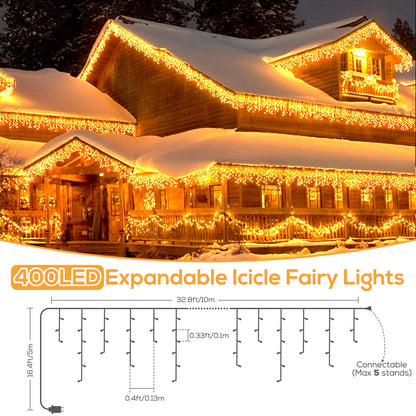 Elegear 10M 400 LED Icicle String Lights Outdoor, Expandable Curtain Lights with Timer IP44 Warm White Icicle Window Lights 8 Modes Christmas Lights for Christmas Decoration Eaves Garden Balcony