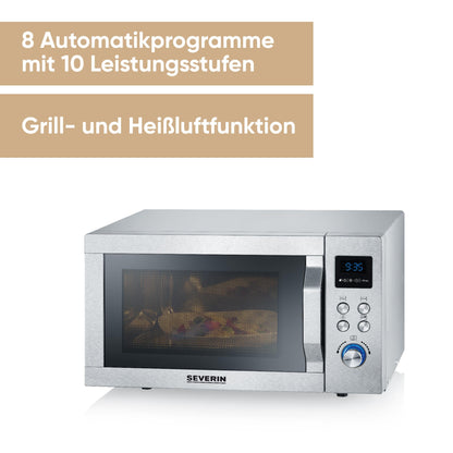 SEVERIN microwave with grill and hot air function 3-in-1, for thawing, steaming and heating, microwave with turntable, brushed stainless steel/silver, MW 7774