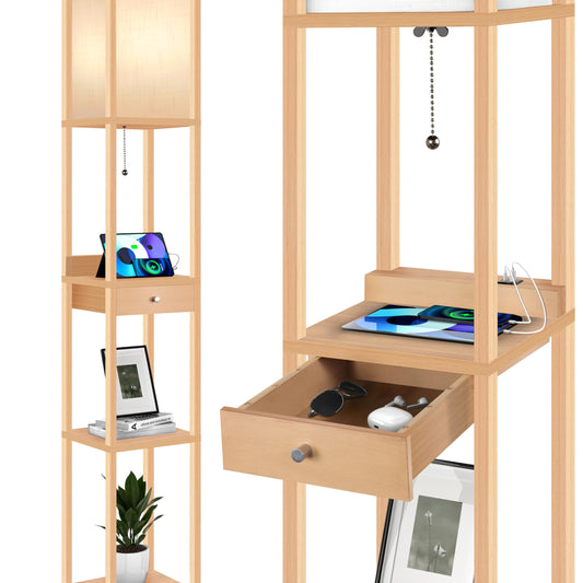 OUTON LED Floor Lamp Shelf with Drawer, 3 Color Temperatures, 1H Timer, Floor Lamp with 2 USB Ports, Floor Lamps for Living Room, Bedroom, Office (Wood)