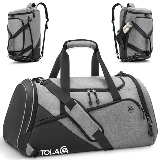 Tolaccea 47L Large Sports Bag Backpack with Shoe Compartment Wet Compartment Weekender Duffel Bag Gym Training Bag for Men Women Gym, Travel, Swimming, Sauna, Soccer (Gray)