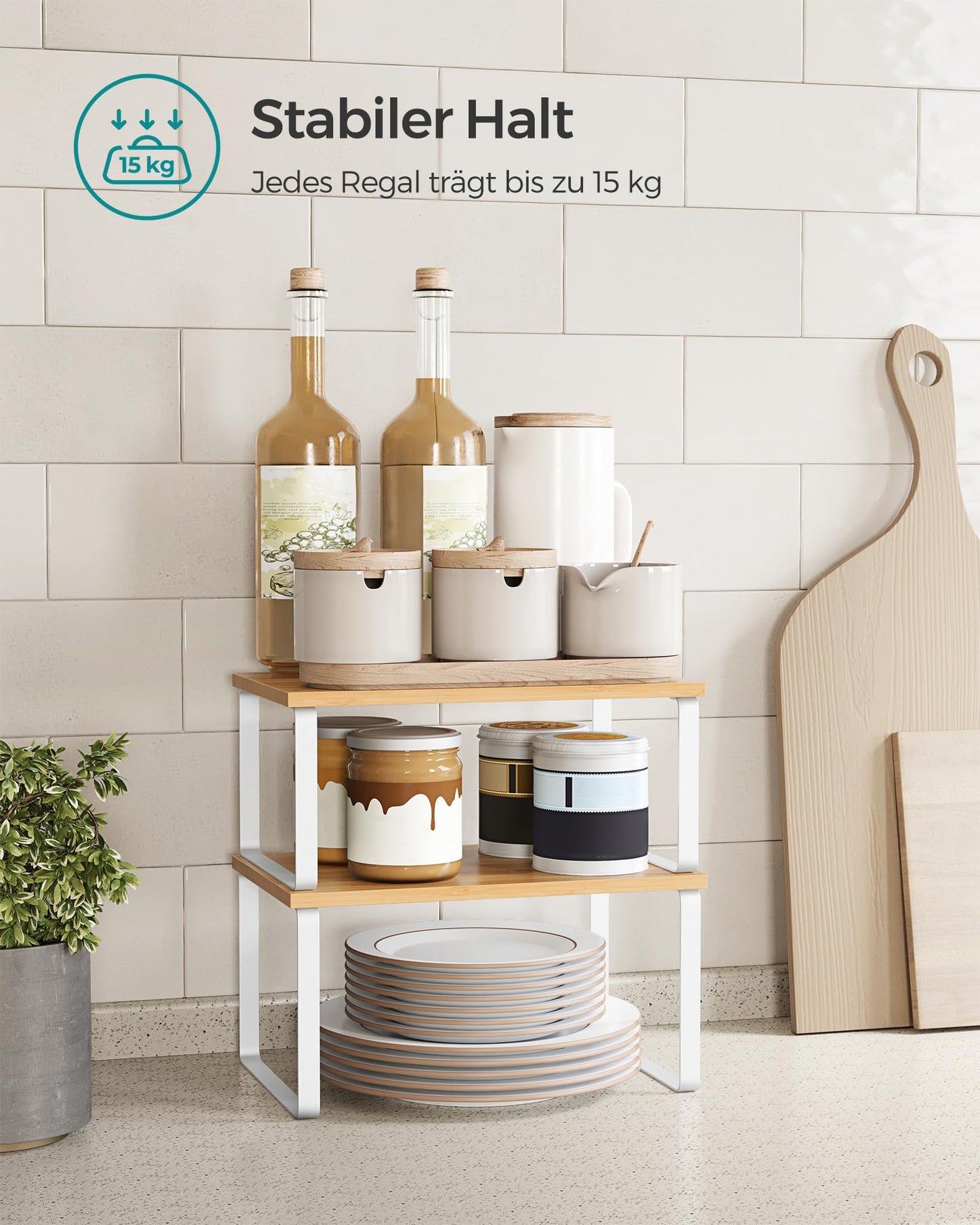 SONGMICS spice rack, set of 2 kitchen organizers, cabinet organizer for kitchen, expandable, small shelf, stackable, made of metal and wood composite, cloud white-natural beige KCS02NW.