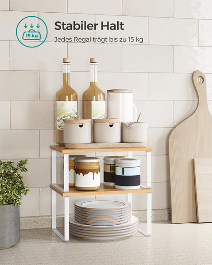 SONGMICS spice rack, set of 2 kitchen organizers, cabinet organizer for kitchen, expandable, small shelf, stackable, made of metal and wood composite, cloud white-natural beige KCS02NW.