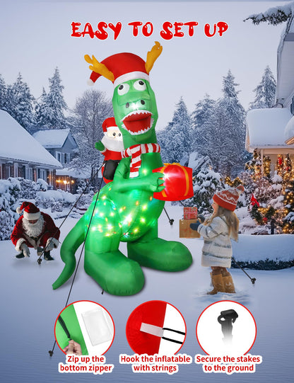 Vintoney 8ft/244cm Christmas Inflatable Dinosaur and Santa Claus Inflatable with Rotating LED Lights Yard Decoration Snowball Inflatables Indoor Outdoor Christmas Decorations