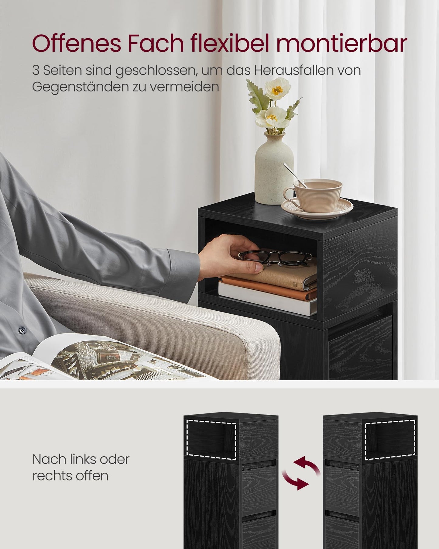 VASAGLE nightstand, narrow, side table with 2 drawers, open compartment can be mounted on the left or right flexibly, for bedroom, living room, ebony black LET656B56