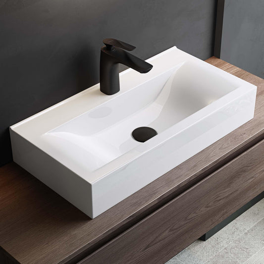 May & May Ceramic White Wall-Mounted washbasin sink with nano-coating/lotus effect. Rectangular dimensions: 61x31x10cm, weight: 118g.