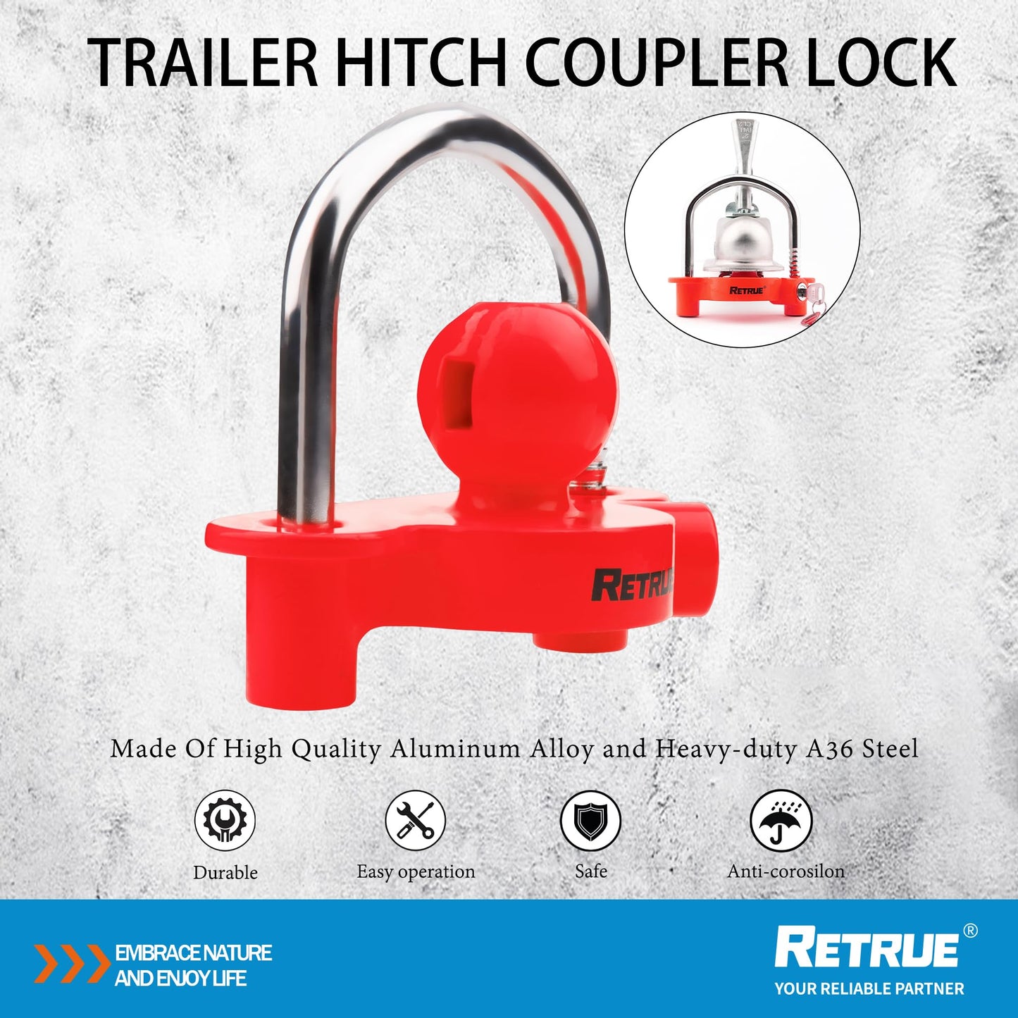 RETRUE Trailer hitch lock, theft protection for common trailer couplings, trailer ball lock coupling lock. Trailer security lock with 2 keys, red.