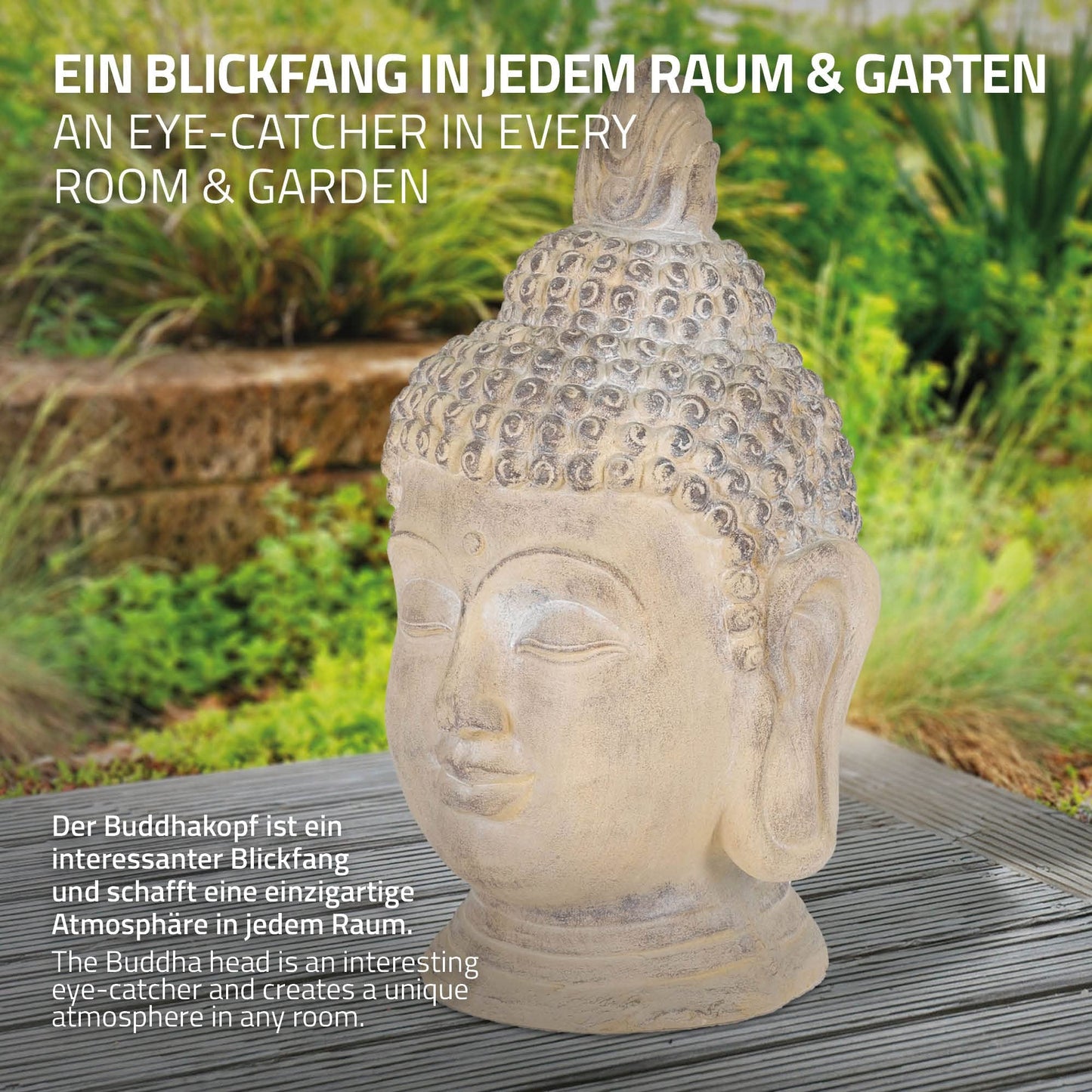 ECD Germany Buddha Figure 78 cm Beige/Grey, artificial stone polyresin, head statue sculpture decorative figure Feng Shui artificial stone decoration garden figure Asia decorative object stone figure, for home and garden