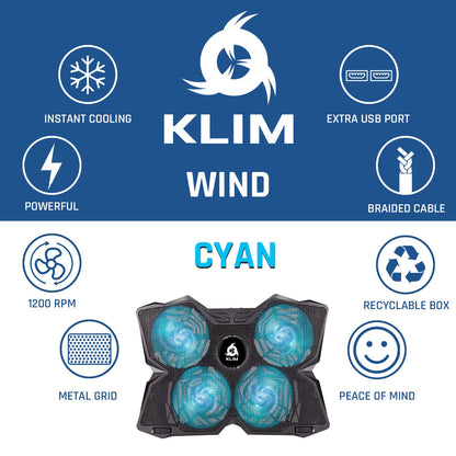 KLIM Wind Laptop Cooler - Over 500,000 units sold - NEW - Laptop Cooling Pad - USB Powered - Stable and quiet - 4 fans - Laptop Cooler For PC, Mac, Xbox, PS4 - 15-17 inch - Blue