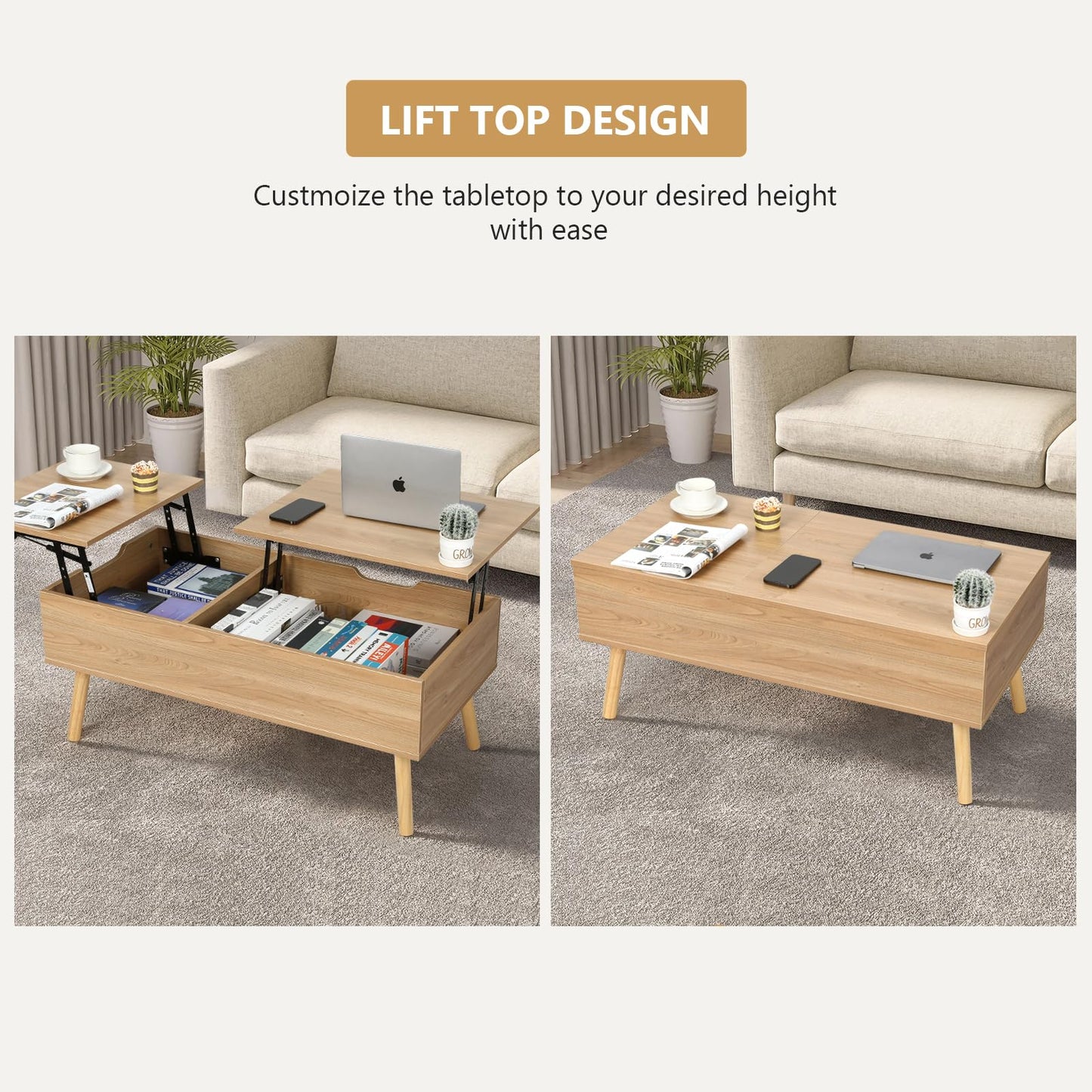 VOWNER coffee table, height adjustable, extendable, retractable living room table, separate hidden storage compartment, double lifting plate, wood color.