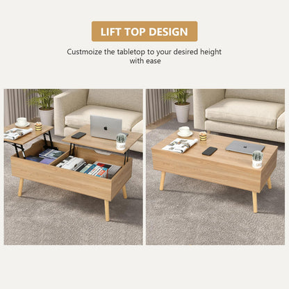 VOWNER coffee table, height adjustable, extendable, retractable living room table, separate hidden storage compartment, double lifting plate, wood color.