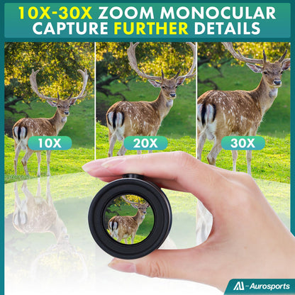 Aurosports 10-30x40 zoom monocular telescope for adults, Bak4 prism dual focus telescope compact monocular for wildlife bird watching hiking hunting camping.
