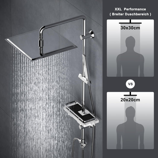 Görbach rain shower shower set shower system with shelf, chrome shower rod set shower column set made of stainless steel without shower faucet (head shower 30x30cm)