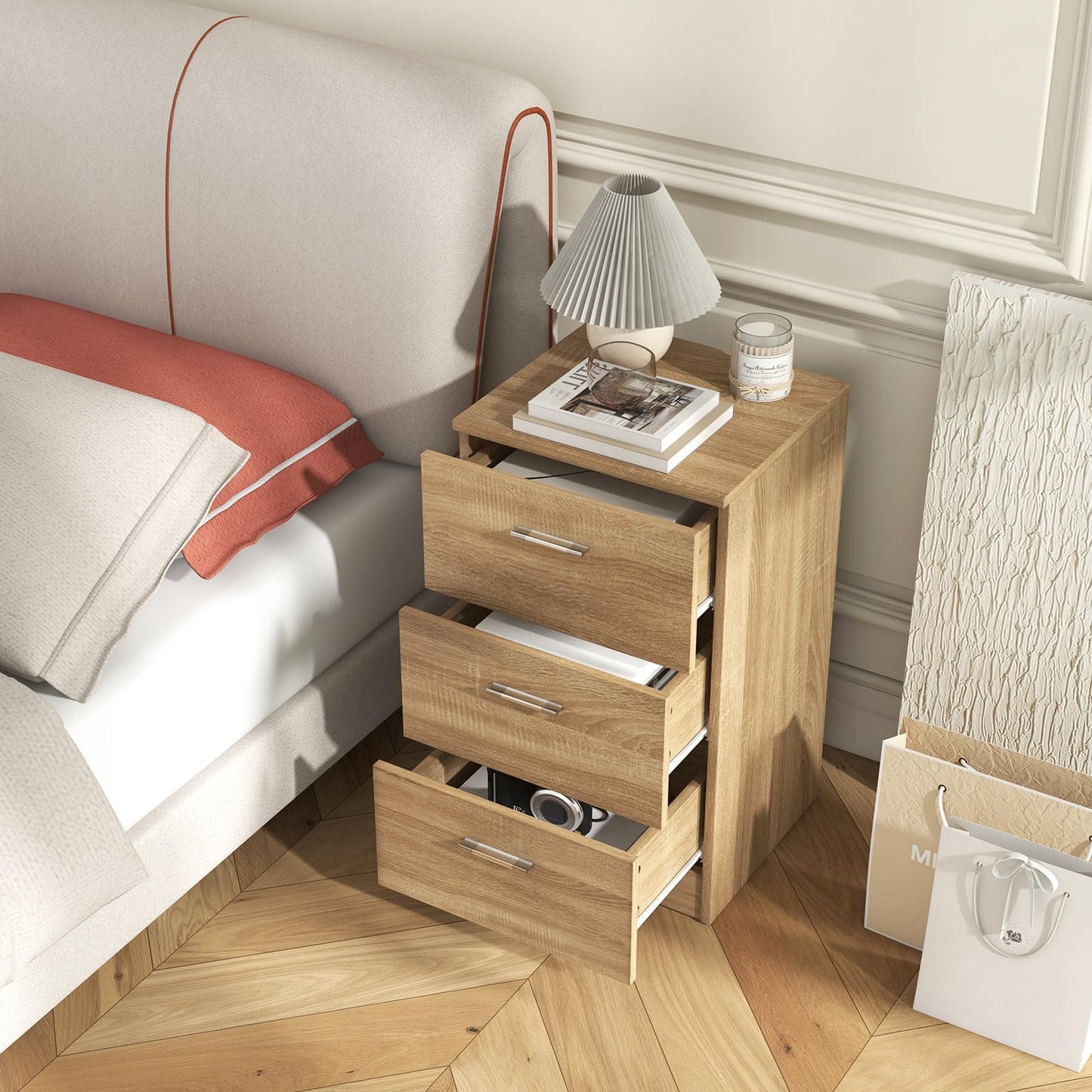 COSTWAY bedside table with 3 drawers, nightstand for boxspring bed, nightstand, night console, side table for bedroom, living room, 38 x 35 x 66 cm, natural