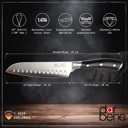 DarBene C-Series 3-piece professional kitchen knife set made of German stainless steel, includes 18cm fillet knife, 20cm chef's knife, and 18cm Santoku knife. Extremely sharp blades, ergonomic ABS handle, and can be sharpened.