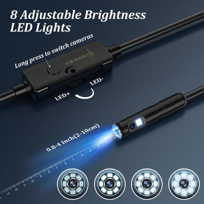 Endoscope camera with light, Ennovor 1920 HD dual-head endoscope camera for mobile phones with 8 LED lights. No WiFi inspection camera, waterproof IP67 sewer camera for Android & iOS, tablets (32.8 ft/10m).