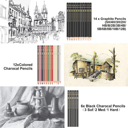 Set of colored charcoal pencils, professional sketching tool with blending stump, kneadable artist eraser, sharpener. For artists, beginners, adults, teenagers. BW-CPS-N01.