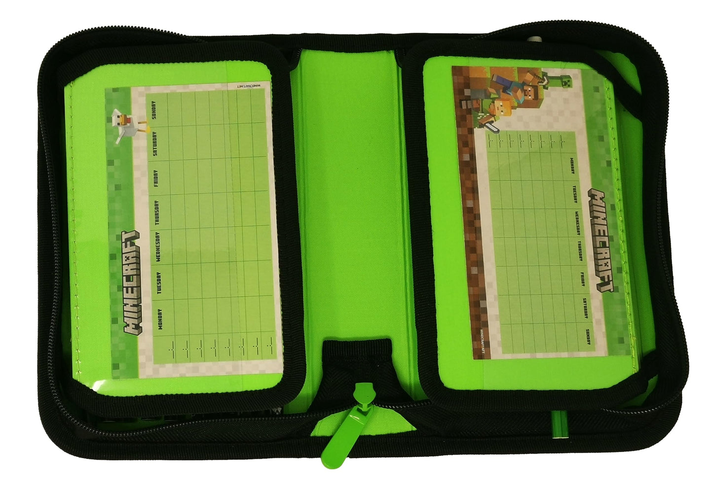 Minecraft pencil case for kids filled with stationery items. Great for school and organization. Available in Steve and Alex designs.
