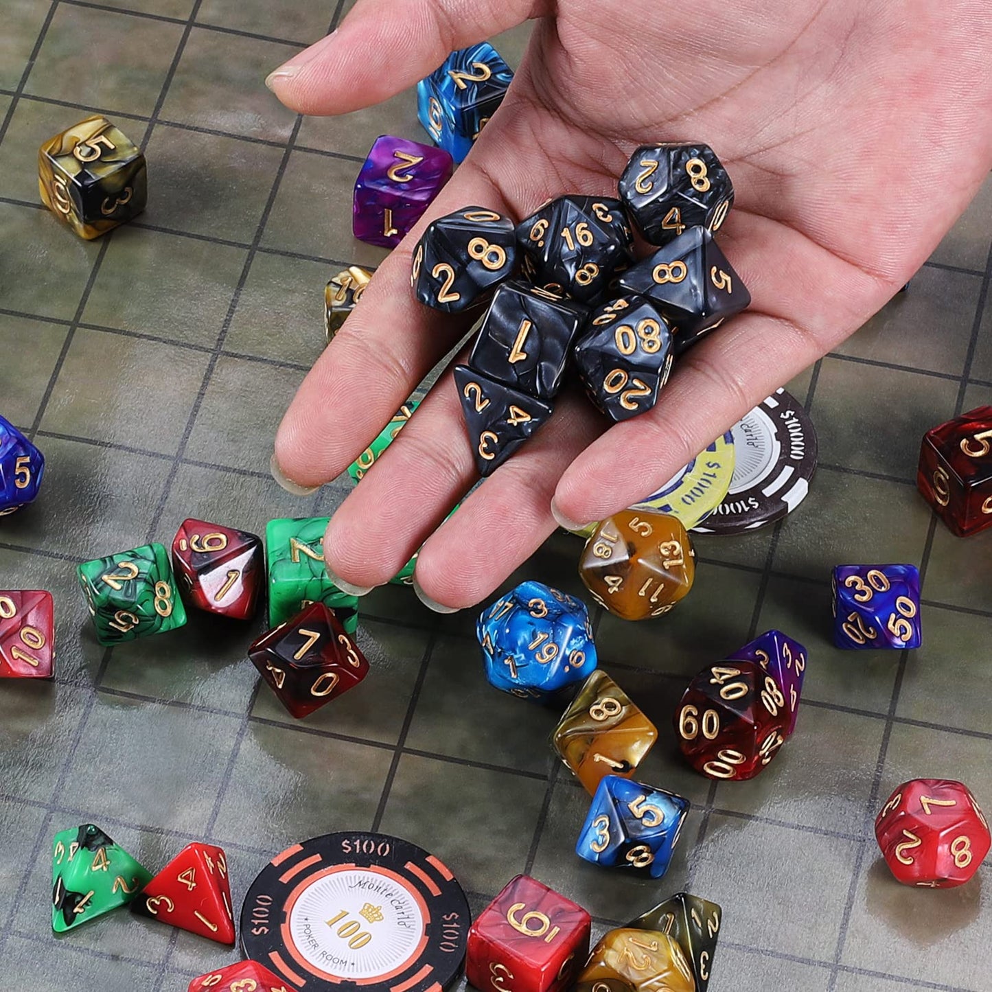 iFergoo Polyhedral Dice Set, 6 x 7 (42 Pieces) Color Game Dice with 6 Black Drawstring Bags for Dungeons and Dragons DND RPG MTG Tabletop Games, 6 Sets of D4 D6 D8 D10 D% D12 D20