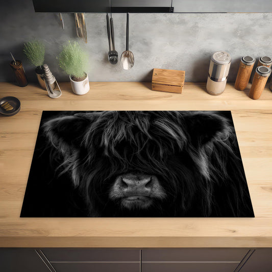 MuchoWow stove cover ceramic hob splash guard kitchen Scottish Highlander - cow - portrait - animals - black - white 81.6x52.7 cm induction hob cover induction hob ceramic hob cover