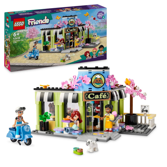 LEGO Friends Heartlake City Café, kids' toy, bakery playset, gift idea for girls and boys ages 6+, includes 3 minifigures and a dog figure 42618