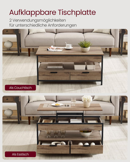 VASAGLE coffee table, adjustable living room table, with drawers, open compartment, 50 x 100 cm, camel brown-ink black LCT209K02