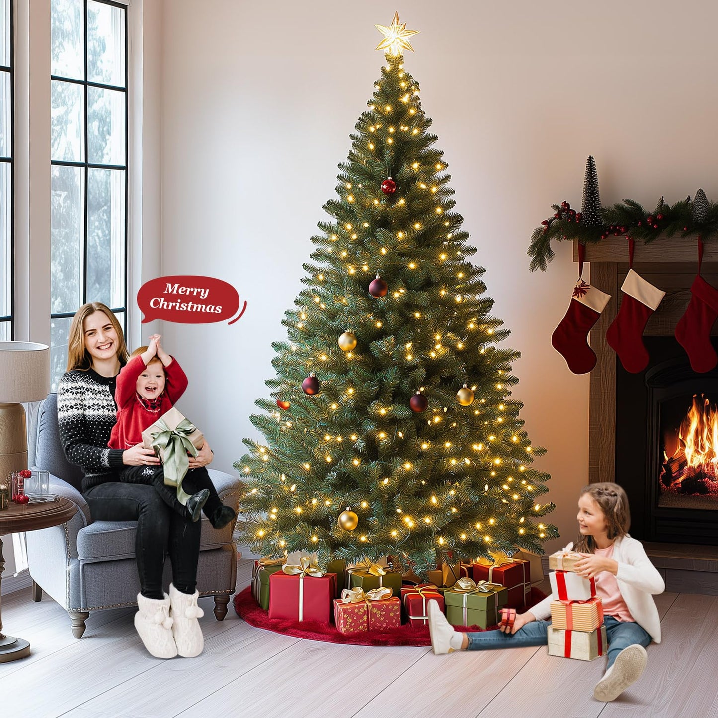 Artificial Christmas tree with LED lighting, 180cm artificial PVC pine tree with metal stand, premium Nordmann fir, flame-retardant automatic Christmas tree, lifelike artificial pine tree