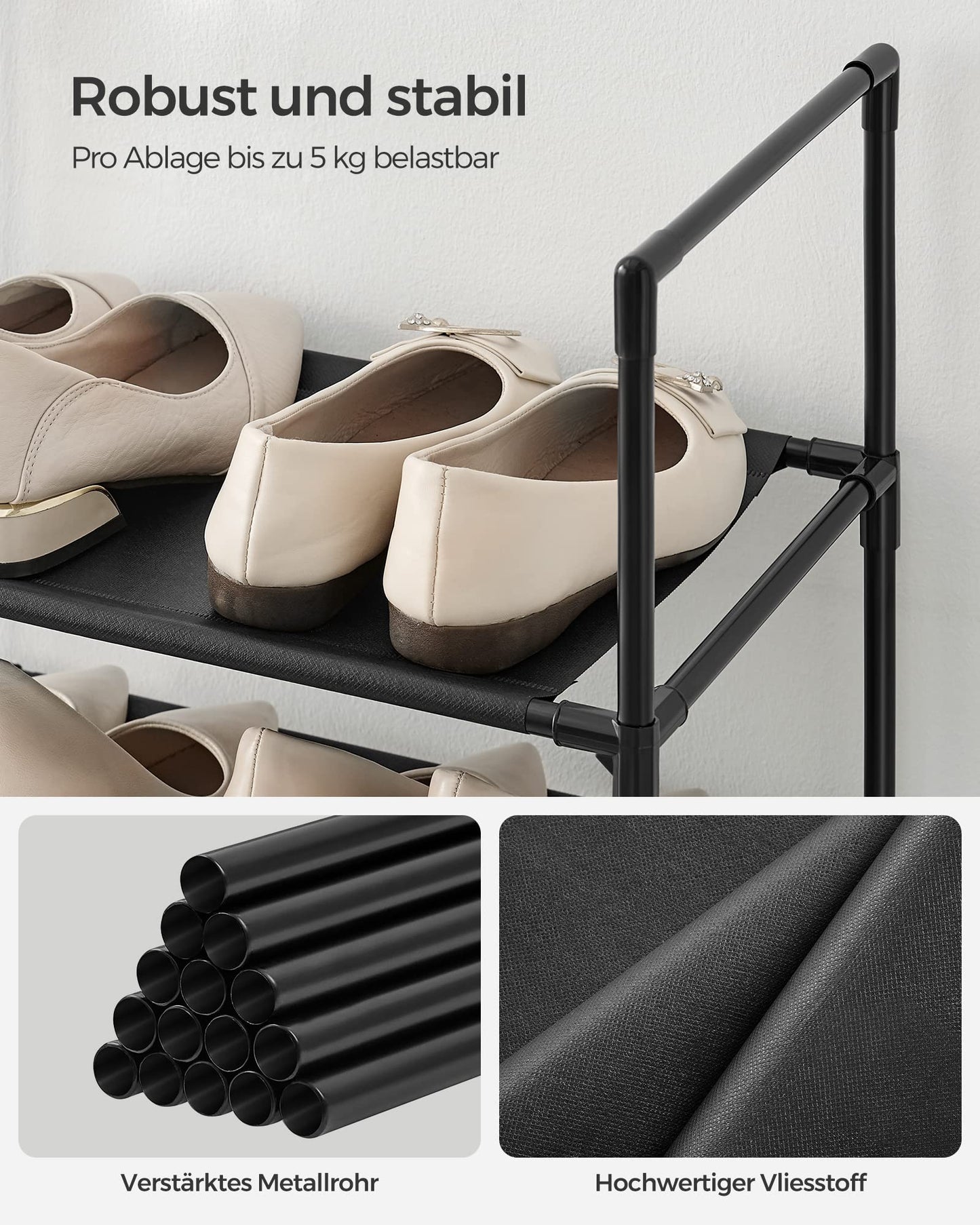 SONGMICS Shoe Rack, 10 Tiers, Shoe Shelf, Shoe Storage, Narrow, 28 x 45 x 173 cm, Metal Frame, Shelves with Non-Woven Fabric, for Entryway, Bedroom, Black LSH010B02
