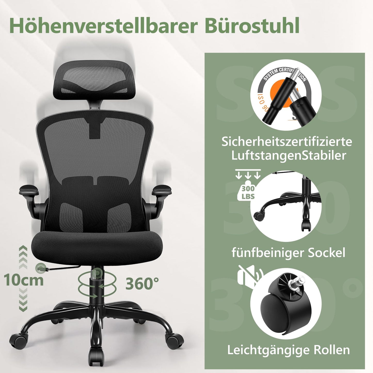 FelixKing Ergonomic Office Chair, Computer Chair, Adjustable Lumbar Support, 3D Headrest and Folding Armrests, Breathable Mesh Backrest, 300 lbs (Black)