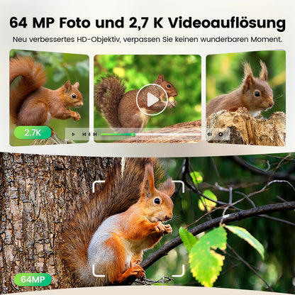 XTU Wildlife Camera with WiFi and cell phone transfer app - 64MP 2.7K Solar Wildlife camera with motion sensor night vision, 30m remote access, 0.2s trigger time 120° detection angle, with 32GB SD card 5600mAh battery