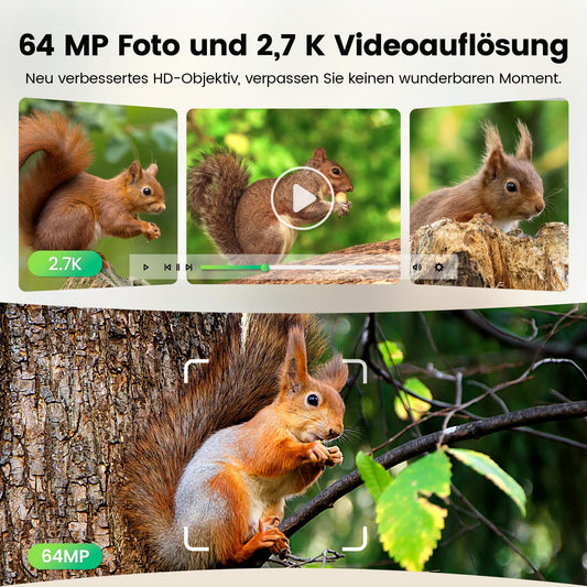 XTU Wildlife Camera with WiFi and cell phone transfer app - 64MP 2.7K Solar Wildlife camera with motion sensor night vision, 30m remote access, 0.2s trigger time 120° detection angle, with 32GB SD card 5600mAh battery