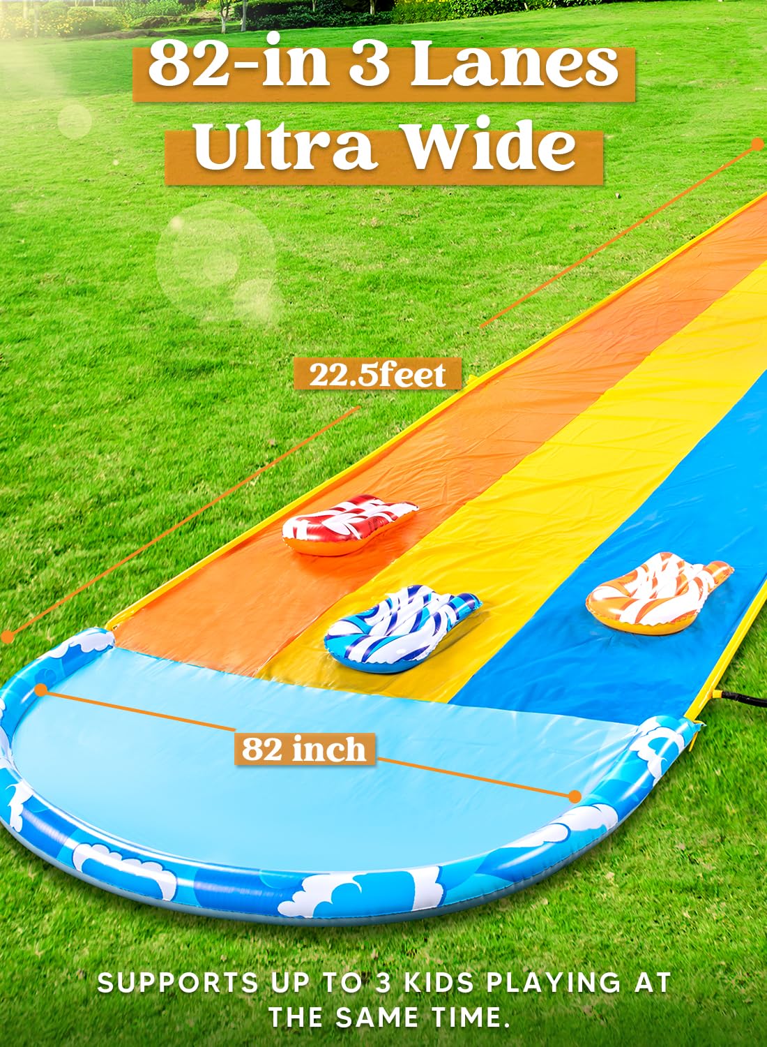 Sloosh 22.5ft x 84in/685.8*213.3cm Waves Triple Garden Water Slide, durable water slide with 3 bodyboards and sprinkler for kids and adults, summer water toy for the garden.